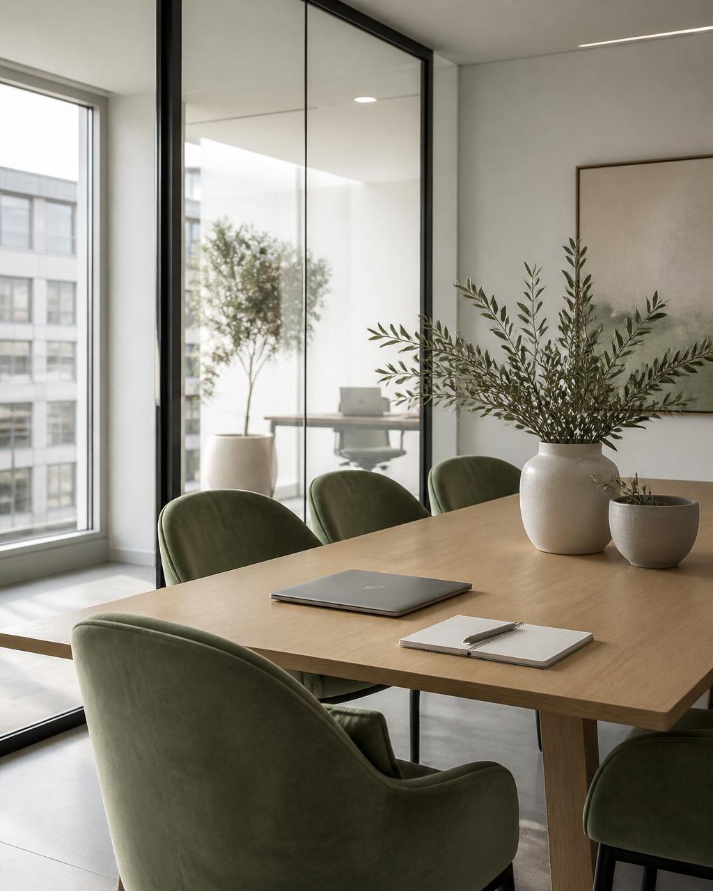 Escritório moderno e minimalista com luz natural e pormenores em verde sage